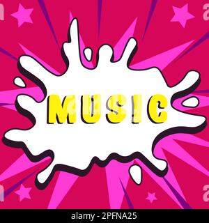 Textbeschriftung zur Präsentation von Musik. Ein Wort, das auf Gesang oder Instrumentalgeräuschen so geschrieben ist, dass es eine schöne Form erzeugt Stockfoto