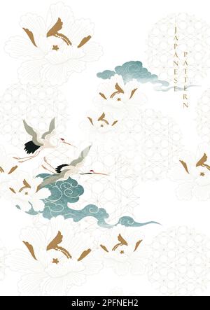 Kranvögel-Element. Chinesische Wolkendekoration mit blauer, wasserfarbener Textur im Vintage-Stil. Abstrakte Kunstlandschaft mit Pfingstrosen und lea Stock Vektor