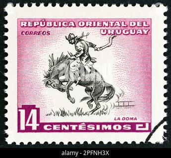 URUGUAY - CIRCA 1954: Ein in Uruguay gedruckter Stempel zeigt, wie man ein Pferd zähmt, etwa 1954. Stockfoto