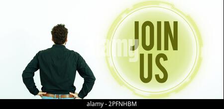 Inspiration zeigt das Schild Fügen Sie uns bei. Geschäftsidee Registrieren Sie sich im Community-Team oder im Blog Registrieren Sie sich bei den sozialen Medien Stockfoto