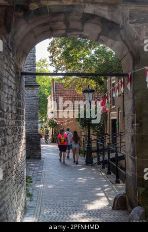 Touristen spazieren durch eine enge Gasse vorbei an der Sint Janskerk und dem Museum Gouda im Zentrum der mittelalterlichen Stadt. Stockfoto