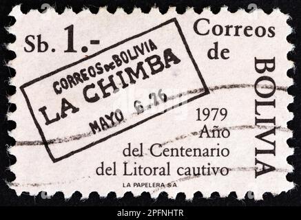 BOLIVIEN - CIRCA 1979: Ein in Bolivien gedruckter Stempel aus der Ausgabe "Centenary of Lost of Litoral Department to Chile" zeigt die Stornierung von La Chimba, circa 1979 Stockfoto