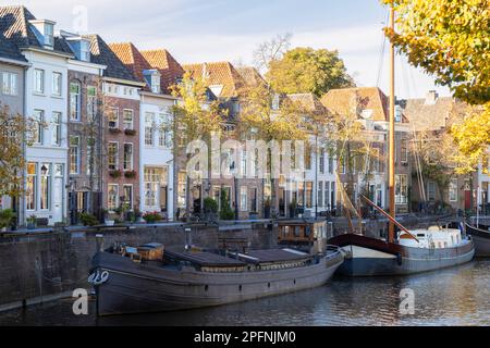 Monumentale Kanalhäuser entlang des alten Hafens in den Bosch, Niederlande. Stockfoto