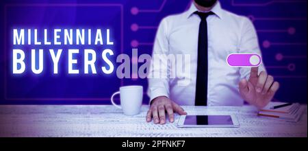 Konzeptionelle Überschrift Millennial Buyers. Wort über die Art der Verbraucher, die an Trendprodukten interessiert sind Stockfoto