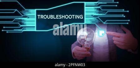 Handgeschriebenes Schild Fehlerbehebung. Wort für eine Handlung der Untersuchung oder Behandlung der aufgetretenen Probleme Stockfoto