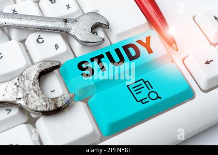 Textbeschriftung zur Präsentation der Studie. Geschäftsansatz Zeitaufwand und Aufmerksamkeit für den Erwerb von Wissen über einen Akademiker Stockfoto
