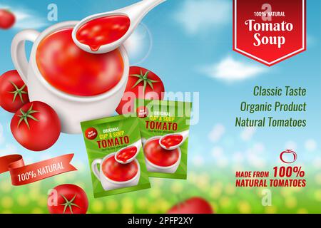Suppenpaket, realistische Tomatentasse. Gemüse für Saftwerbung, frisches rotes Essen, köstliches flüssiges Produkt, Naturfrüchte. Poster zur Produktpräsentation, Werbevorlage. Hintergrund der Vektordarstellung Stock Vektor