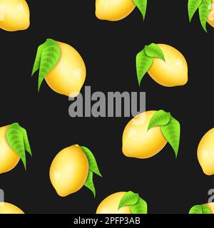 Realistisches Zitronenmuster, Fruchtmuster. Tapete für Zitruslimonade, Titelseite des Fitness-Pakets, Einladungskarte. Gelber frischer Sommer gesunde Zitrusfrüchte. Vektor-3D-Elemente auf schwarzem Hintergrund isoliert Stock Vektor