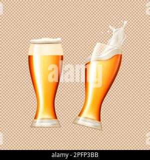 3D Bierglasbecher, Schaumspritzer. Realistisches maltgelbes Getränk, Brauereigetränke, leichtes Wirbeln zur Förderung des Alkoholfestivals. Oktoberfest-Feiertage. Vektordesign-Label und Webbanner Dekorelemente Stock Vektor