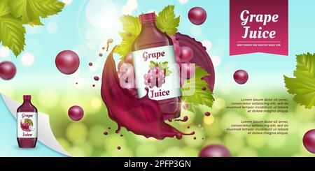 Frische Saftflasche, Floatverpackung. Werbung mit einer Gruppe von Fliegenobst, saftigen Vitaminen, Werbung. Traubenbeeren, violette Flüssigkeit in Bewegung. Banner zur Produktpräsentation. Darstellung des Vektorentwurfs Stock Vektor