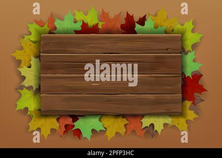 Holzbrett fallen lassen. Holzschild. Orangenblätter im Herbst. Isolierter realistischer Textrahmen. Alter Flora-Zweig. Informationsbanner Holz. Herbstblüten. Leere Plank-Plakatwand. Vektorhintergrund Stock Vektor