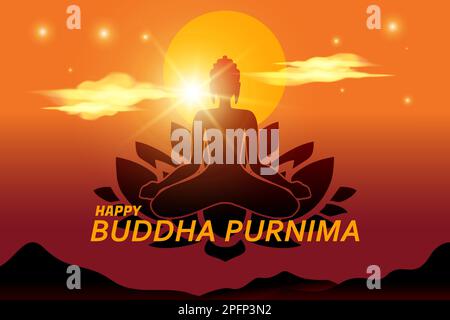 Illustration des meditierenden Buddha auf einer Lotusblume, Sonnenaufgang, klare Sicht auf den Mond über uns, Morgendämmerung, für das buddhistische Festival Happy Stock Vektor