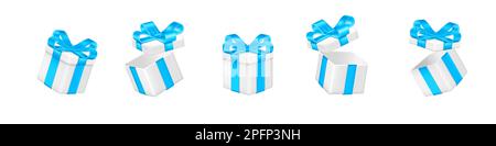 Öffnen sie die Geschenkbox zum 3D. Geburtstag. Präsentieren Sie isolierte Elemente rendern, den weißen Überraschungspreis mit blauer Schleife und Band, die schwebende Farbe der geschenkbox aus verschiedenen Blickwinkeln. Vektor realistische Darstellung des umhüllten Objekts Stock Vektor