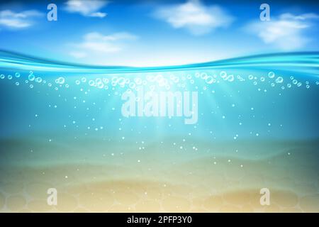 Dunkle Wassertextur, Aquarium unter Wasser. Meereslichter und Dunkelheit, sauberer Schwimmteich und Sand, blauer Himmel mit Wolken. Meerestiefe. Sommer unter Wasser. Reine Flüssigkeit. Vektor-realistischer Hintergrund Stock Vektor