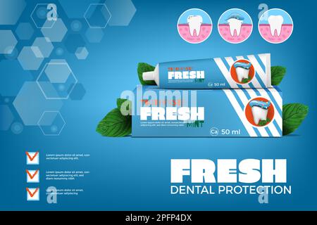 Zahnschutz. Zahnpasta und Banner. Packung und Röhrchen. Salbenmodell. 3D Kräutercreme für die Zahnbürste. Zahnpflege. Gesundheit und Schönheit lächeln. Minzeblätter. Werbeposter für Vector Realistic Design Stock Vektor