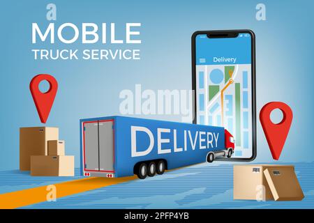 Bannerdesign für die Lieferung von Transporten im Online-Shop. Mobile Anwendung Lkw-Service. Kartonversand für Lager. Digitale Auftragslieferung. Smartphone-Bildschirm. Positionierstifte. Telefonkarte Route. Vektorwerbung Konzept Stock Vektor