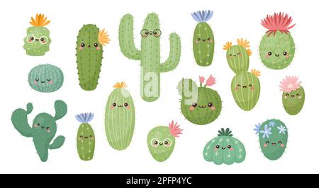Süße Kaktusfiguren, saftige Gesichter. Fröhliche Kakteen, Kawaii Dornen und Töpfe, Sommergarten. Handgezeichnete Zimmerpflanzen mit Lächeln. Helle Natur dekorative Blumen Vektor isolierte Illustration Stock Vektor