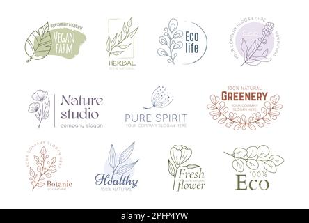 Natürliches Kochen, ökologisches Küchenlogo. Handgezeichnete Produkte mit Bio-Elementen, Blattblumen für hochwertiges Farm-Logo. Emblem und Etikett mit umrissenen botanischen Elementen. Vektorlinienbilder eingestellt Stock Vektor