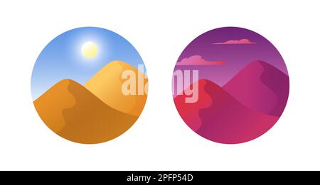 Dünenlandschaft. Dämmerung und Sonnenaufgang in der Wüste. Minimale einfache Sahara-Reisesymbole. Sandhügel. Abenduntergang. Naturlandschaft. Highlight der Geschichte in sozialen Medien. Kreissymbole für Vektordarstellung festgelegt Stock Vektor