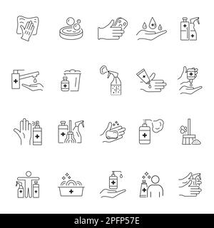 Desinfizieren Sie die Leitungssymbole. Antibakterielles Handspray. Symbole bereinigen. Reinigungsflasche. Covid-Virus-Reinigungsmittel. Coronavirus-sicher bei der Haushaltsreinigung. Desinfektionsmittel für Armspülungen. Piktogramme für Vektorkonturen eingestellt Stock Vektor