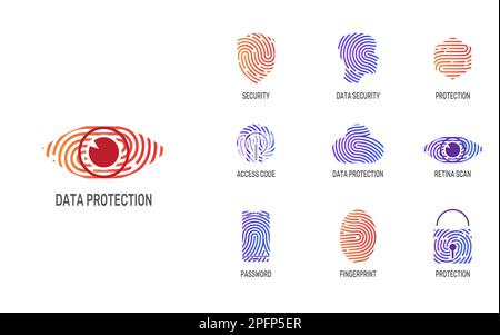 Fingerabdruck-Logo. Digitale Datenschutzsymbole. Verbrechensschloss. Gesichts- oder Gehirnschild. Daumenabdruck für Fintech Ai. Kopf und Schlüssel. Identifikationscode. Datensicherungssymbole gesetzt. Konzept der Vektordarstellung Stock Vektor
