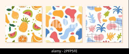Farbenfrohe Cartoon-Strukturen, Formmuster. Kreise und Raster für Kinder, abstrakte moderne Kunst, niedliche geometrische Grafik, botanische Elemente und Früchte. Textildekor, Geschenkpapier. Nahtloser Vektorhintergrund Stock Vektor