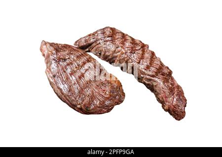 Gegrillte Sirloin Lap oder Bavette-Rindfleisch-Steak auf einem Grill mit Kräutern. Isoliert auf weißem Hintergrund Stockfoto