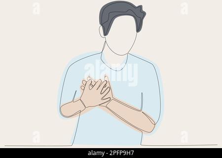 Eine Farbdarstellung eines Mannes, der Schmerzen in der Brust spürt. Hochdruck-Einlinienzeichnung Stock Vektor