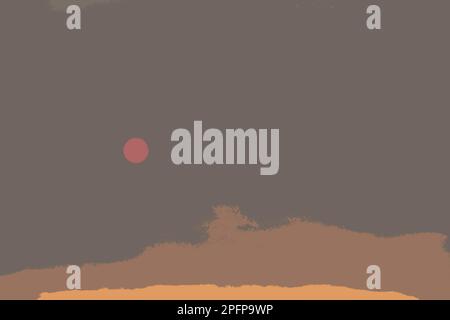 Illustration einer Sonne, die durch eine Wolkenschicht in einer abstrakten braunen Naturszene trüb ist. Stockfoto