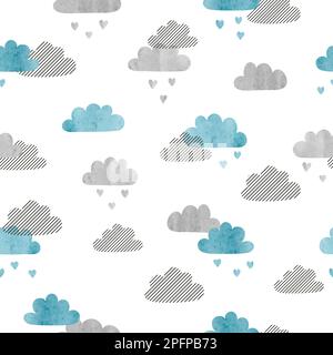 Nahtloses Vektor-Aquarell-Wolkenmuster. Der Regen der Herzen. Stock Vektor