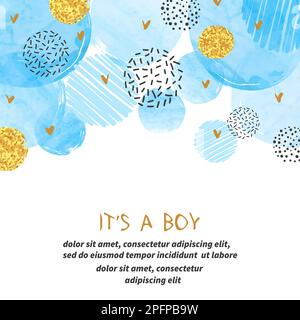 Baby Dusche Junge Karte Design mit abstrakten Aquarell blau und glitzernden goldenen Kreisen. Stock Vektor