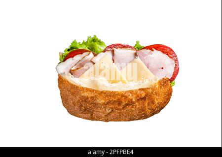 Summ-Käse-Sandwich mit Käse, Tomaten und Salat. Ein Sandwich. Isoliert auf weißem Hintergrund Stockfoto