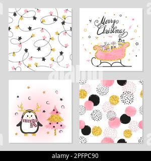 Weihnachten und Neujahr Vektorset mit niedlichem Pinguin, Schlitten und Mustern. Stock Vektor