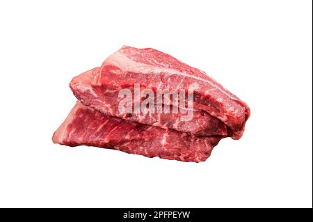 Rohes Filet-Rindfleisch, Silverside-Steak auf einem Holzbrett. Isoliert auf weißem Hintergrund. Stockfoto