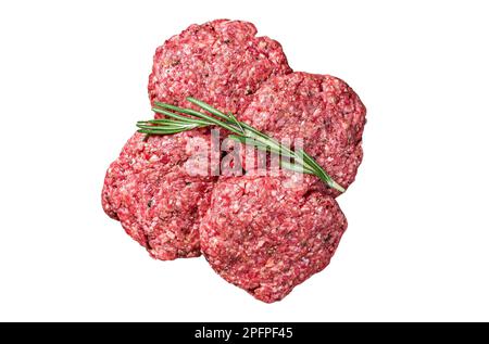 Ungekochte Frikadellen aus Hackfleisch, rohe Fleischschnitzel. Isoliert auf weißem Hintergrund Stockfoto