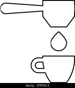 Kaffee Tropfen in Tasse Filter Cuping Portafilter Tropfkontur Liniensymbol schwarz Farbe Vektor Abbildung dünnes, flaches Bild einfach Stock Vektor