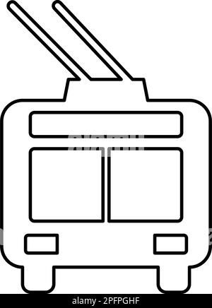 Trolleybus Elektrischer Stadtverkehr öffentlicher Nahverkehr Trolley Bus Konturlinie Symbol schwarze Farbe Vektordarstellung dünn flach Stock Vektor