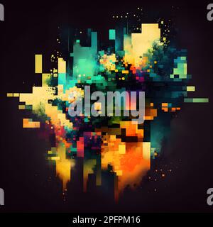 Ein lebendiges Bild eines digitalen Kunstwerks mit einer lebhaften Reihe von bunten Pixeln auf einem dunklen Hintergrund Stockfoto