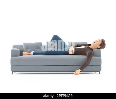 3D Cartoon-Mann schläft auf dem Sofa, Illustration isoliert auf weißem Hintergrund Stockfoto