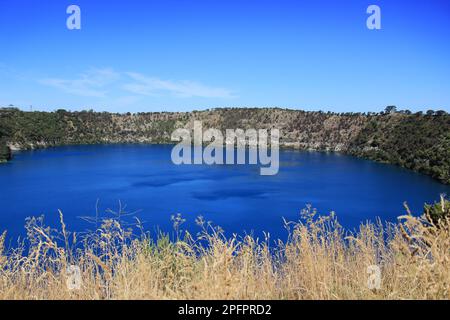 Der Blue Lake ist ein Kratersee in einem ruhenden vulkanischen Maar des Mount Gambier in Südaustralien. Stockfoto