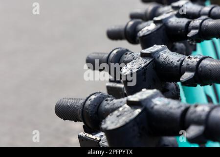 Feuchte Lenker der Elektroroller. Elektrische Roller stehen im Regen auf der Straße. Stockfoto