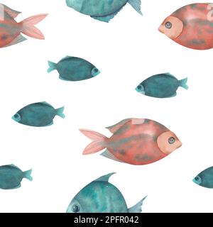 Handgezeichneter Fisch in Aquarellfarben, nahtloses Muster. Ein Set dekorativer blauer und roter Fische Stockfoto