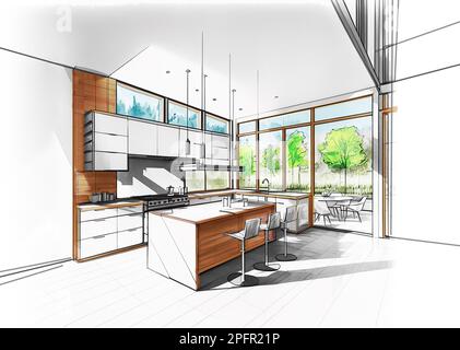 Farbige Zeichnung einer modernen Küche, architektonisches Design Stockfoto