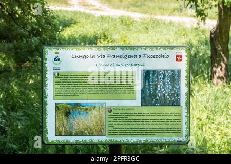 Dorf Fucecchio in der Provinz Firenze, Toskana, Italien - 31. Mai 2021: Informationen auf Plakatwänden über den Ursprung der Cerbaie entlang der Via Francigena to Stockfoto