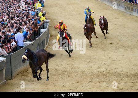 Siena, Italien - August 17 2022: Öffentliches Pferderennen Palio di Siena mit leeren oder reiterlosen Pferden, die mit Jockey auf der Piazza del Campo galoppieren Stockfoto