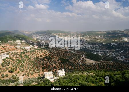 Ajloun Stadtbild oder Stadtbild in Jordan Birds Eye View zwischen Hügeln mit Olivenbäumen Stockfoto