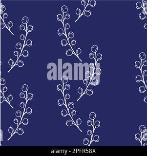 Zeichnen Sie mit der Hand nahtlose Muster mit vektorschwarzen Zweigen mit Blättern und Beeren. Stock Vektor