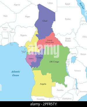Politische Farbkarte Zentralafrikas mit Staatsgrenzen. Stock Vektor