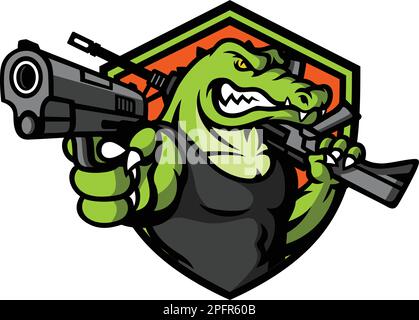 Aggressives Krokodil mit einem Kolben in der einen Hand und einem Gewehr in der anderen Stock Vektor