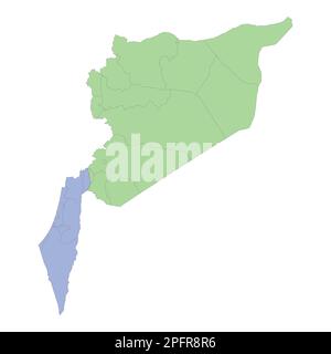 Hochwertige politische Landkarte Israels und Syriens mit Grenzen der Regionen oder Provinzen. Vektordarstellung Stock Vektor